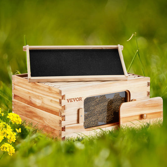 SucceBuy Bee Hive Deep Box Starter Kit 100% Beeswax Coated Natural Cedar Wood Langstroth Beehive Kit Transparent Acrylic