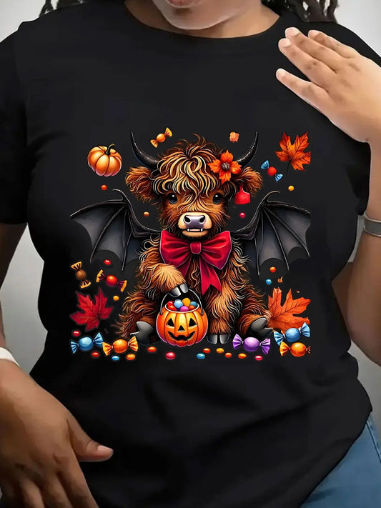 Women's Trendy Crew Neck T-Shirt Cute Highland Cow Halloween Design Suitable for Casual Sportswear