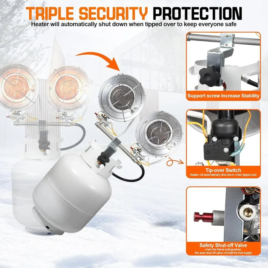 Double Tank Top Outdoor Propane Heater With a Windproof Lighter 36000BTU Outdoor Propane Heater With Shut-off Valve and Tip-ove
