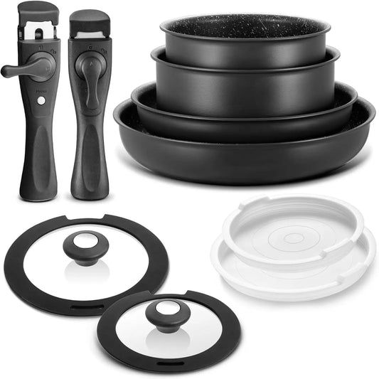 Nonstick Aluminum Cookware Set With Removable Handles And Lids