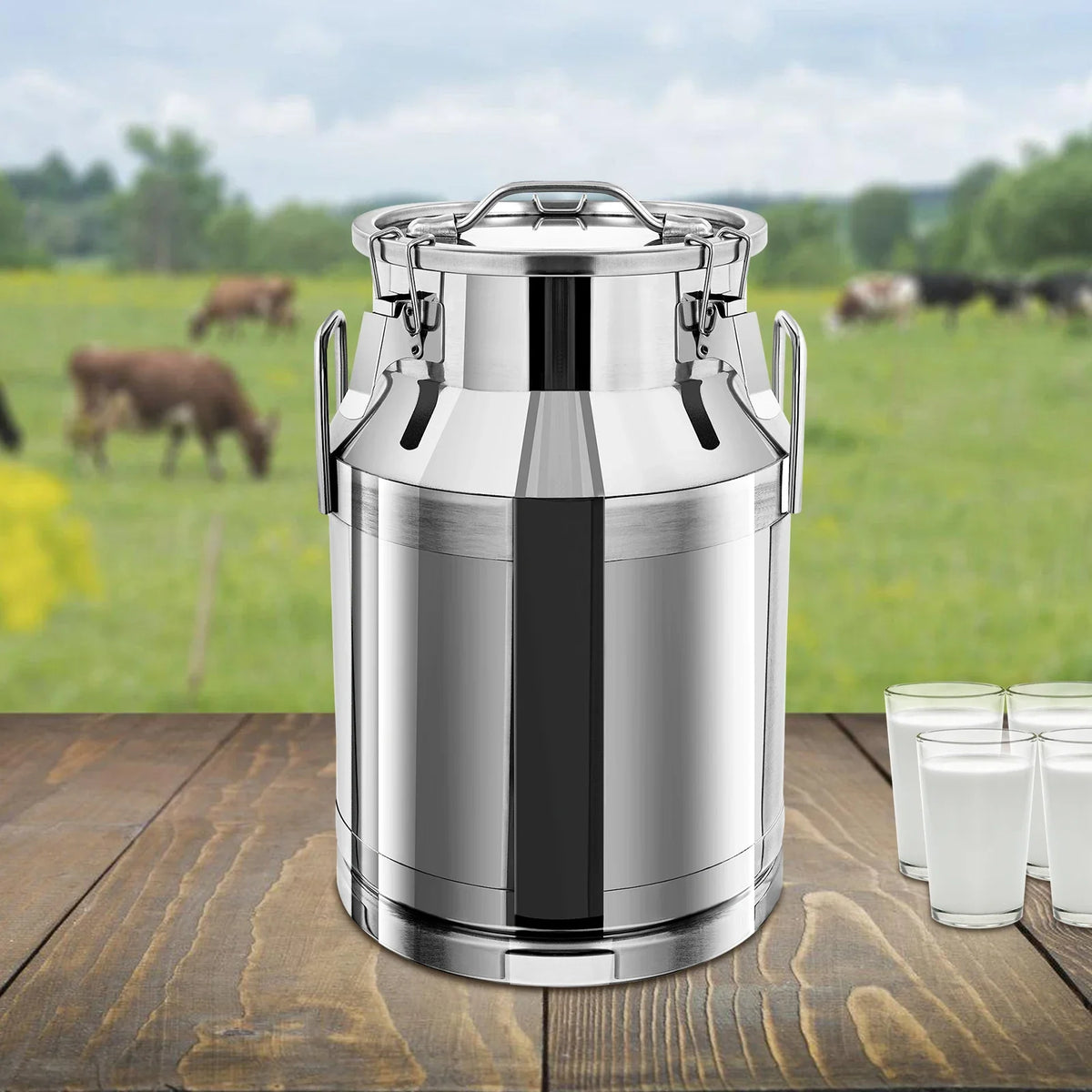 NEW 30L Silver Stainless Steel Milk Can Wine Pail Bucket Oil Milk Tote Jug with Seal Lid Practical Lid Square Loop 32*25*48cm