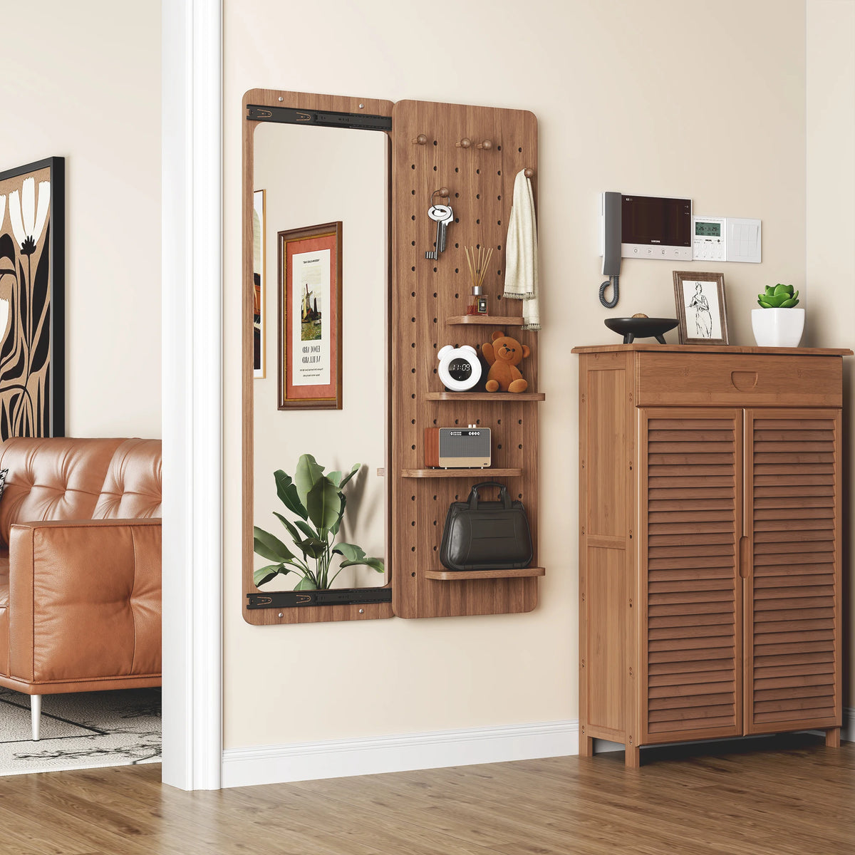 47.6" x 15.5" Wall-Mounted Full Length Mirror, Space-Saving Push & Pull Rotating Mirror, Wood Finish for Bedroom, Living Room, Entryway