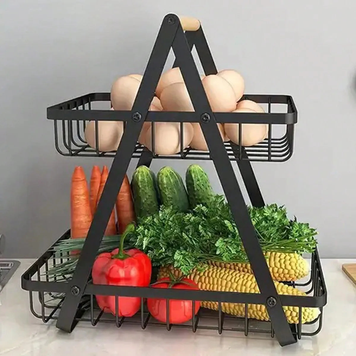 Two Tier Stainless Steel Fruit Basket With Wooden Handle Stand