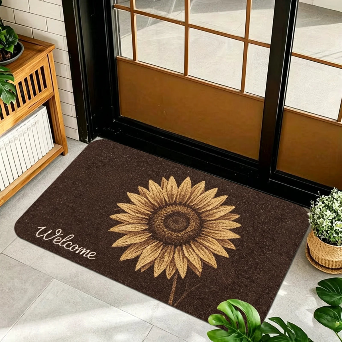 1 Piece, Dark Brown Base Flannel Floor Mat with Elegant Retro Style Gold, White, and Brown Ginkgo Leaf Patterns, with a Delicate and Eye-Catching White Grass Sign 'Welcome' on the Left. the Perfect Fusion of Natural Elements