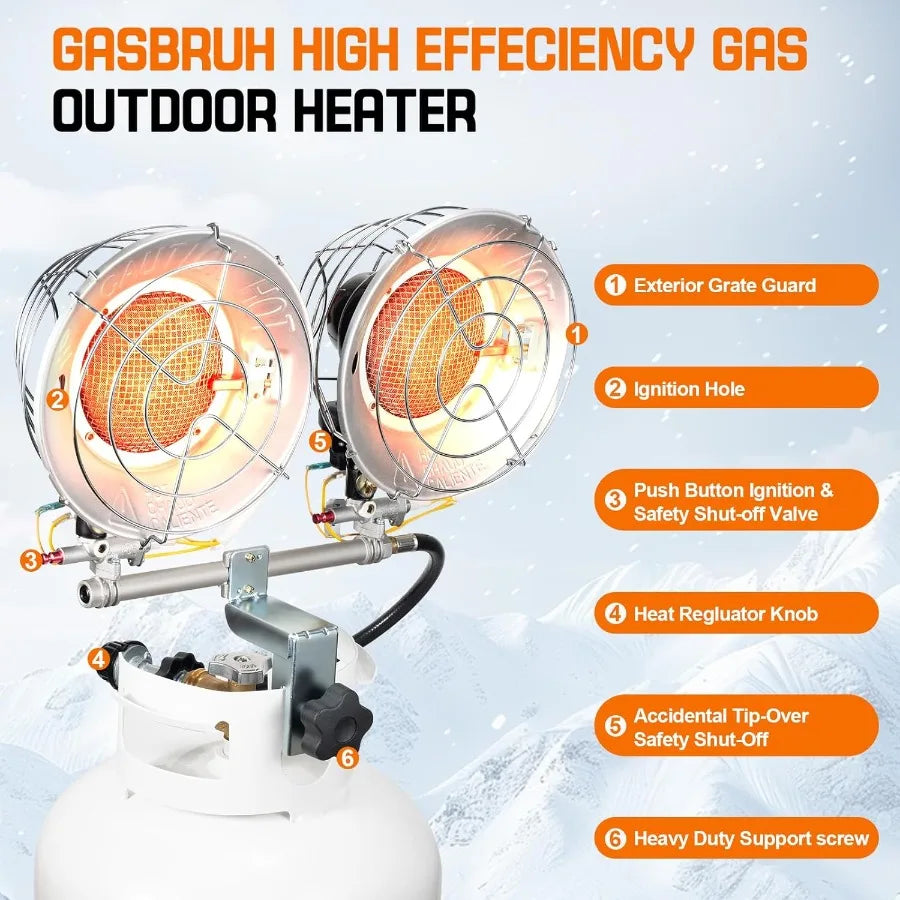 Double Tank Top Outdoor Propane Heater With a Windproof Lighter 36000BTU Outdoor Propane Heater With Shut-off Valve and Tip-ove