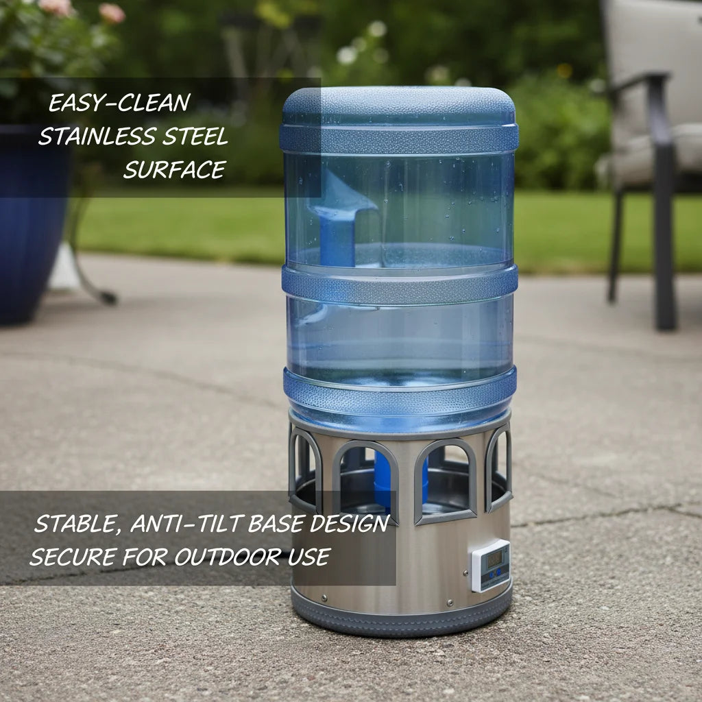 Stainless Steel Heated Chicken Waterer 5 Gal, 80W Auto Thermostat Water Heater for Poultry, Adjustable Temp 32-122°F with LED Display & 9 Windows, Anti-Freeze for Winter, Silver-Blue