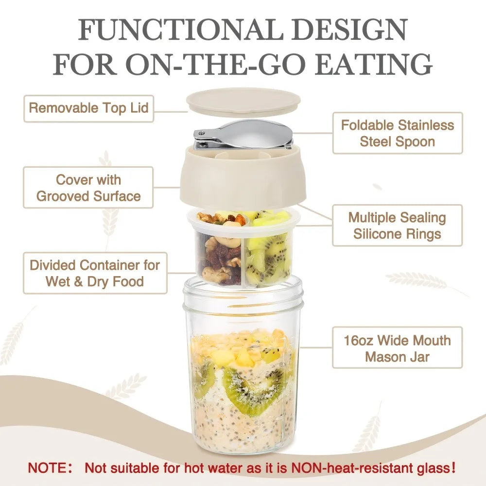 4pcs Glass Mason Jars with Lids & Folding Spoons Suitable for Overnight Oats, Divided Compartments for Fruit/Nuts, Small 16oz Jars for Yogurt Parfait, Oatmeal, for Office, Lunchboxes - Multi-Containers