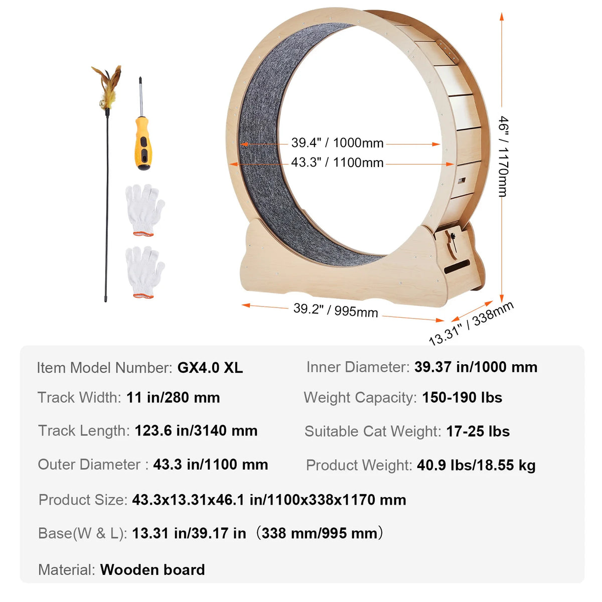 Wooden Indoor Cat Exercise Wheel With Detachable Carpet And Teaser