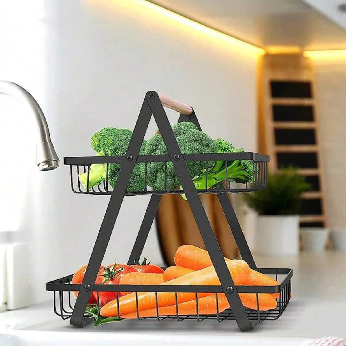 Two Tier Stainless Steel Fruit Basket With Wooden Handle Stand