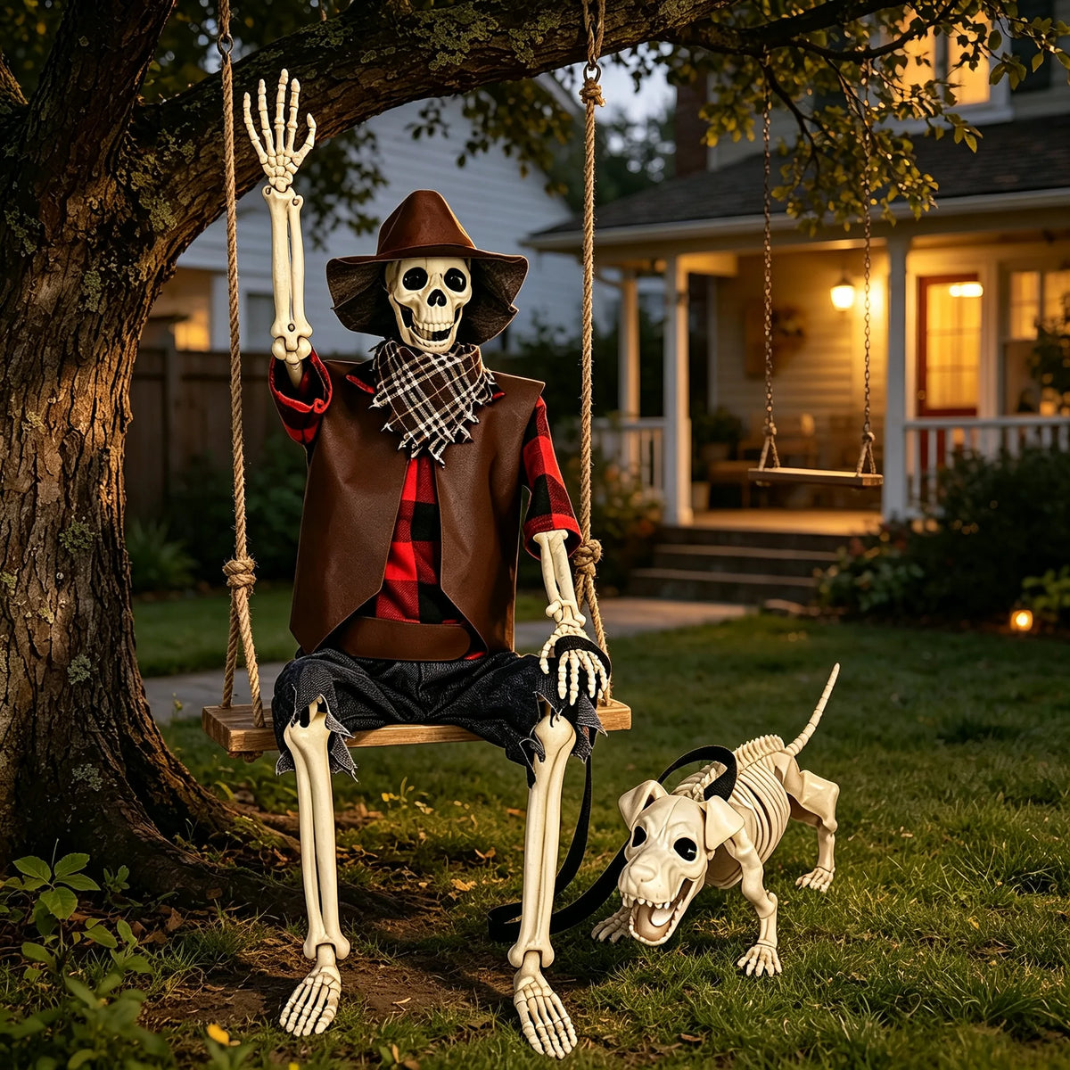 Posable Halloween Cowboy Skeleton And Plastic Dog Outdoor Decor