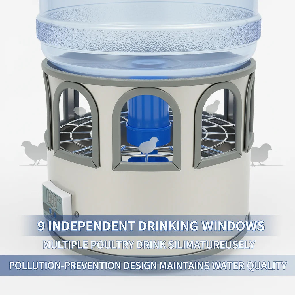 Stainless Steel Heated Chicken Waterer 5 Gal, 80W Auto Thermostat Water Heater for Poultry, Adjustable Temp 32-122°F with LED Display & 9 Windows, Anti-Freeze for Winter, Silver-Blue