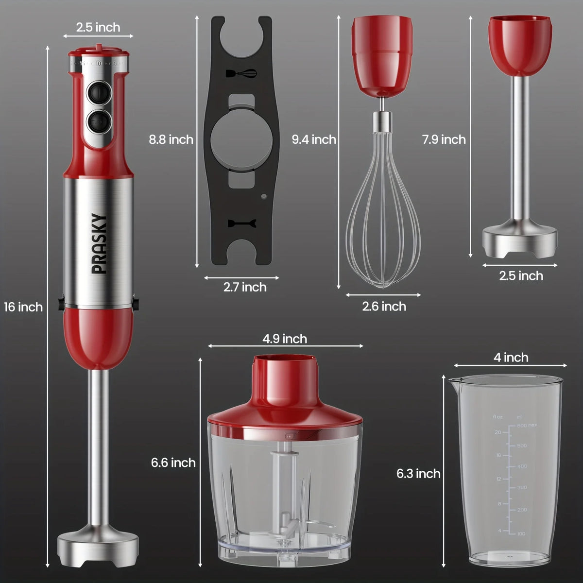 Prasky Handheld Immersion Blender With Steel Whisk And Chopper