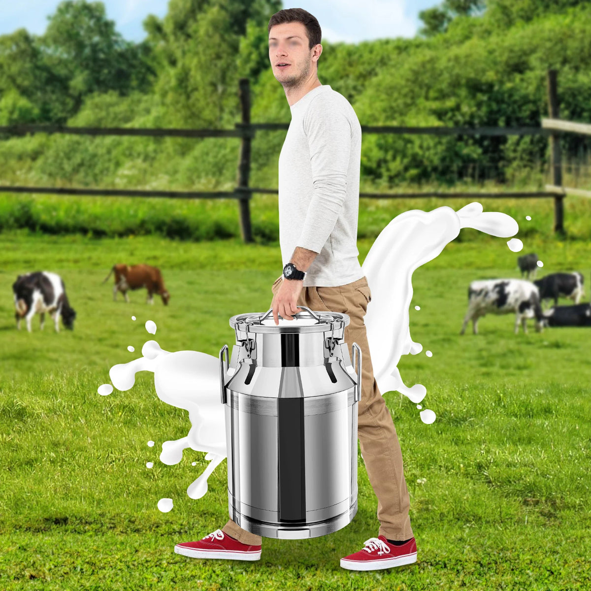 NEW 30L Silver Stainless Steel Milk Can Wine Pail Bucket Oil Milk Tote Jug with Seal Lid Practical Lid Square Loop 32*25*48cm