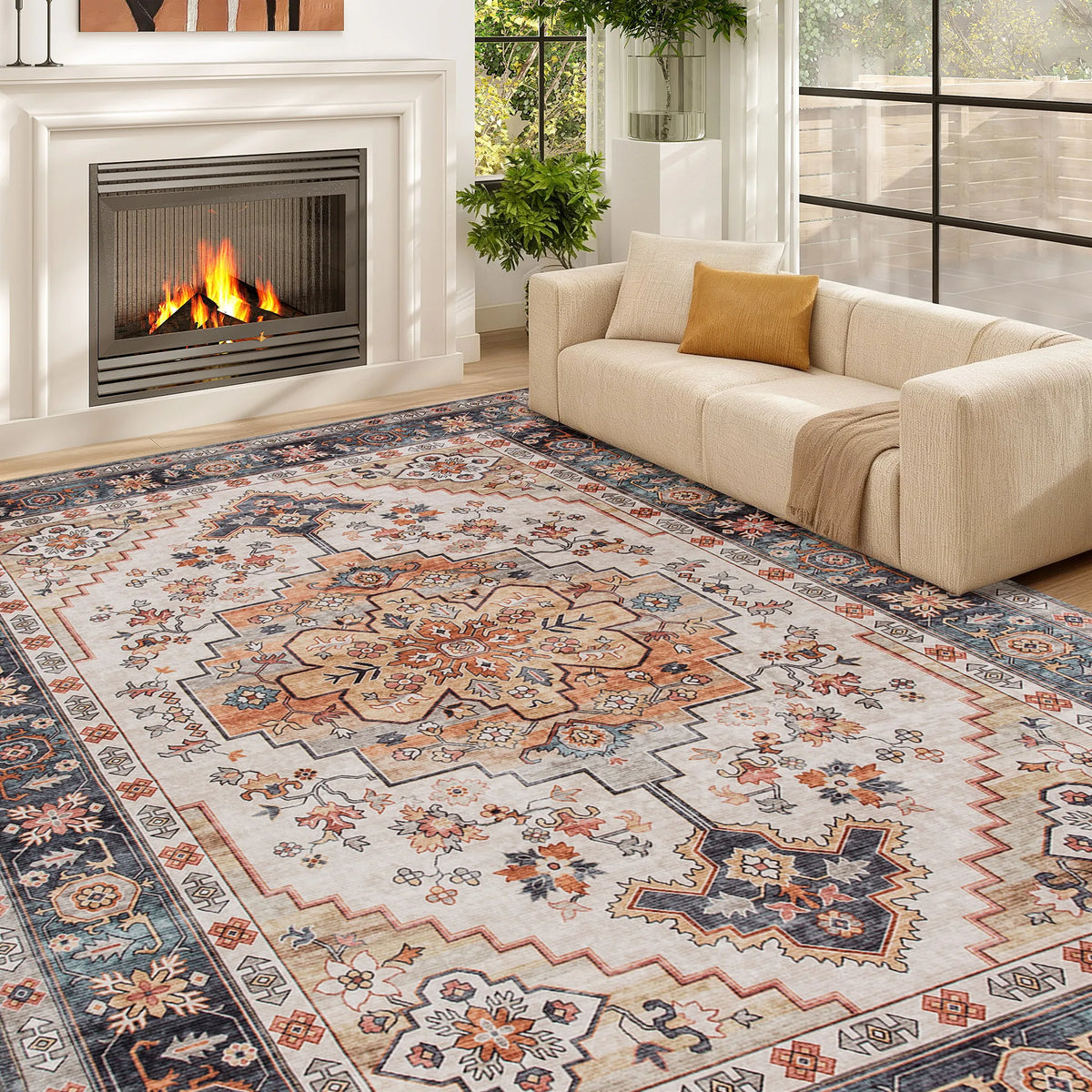 Vintage Machine Washable Oriental Medallion Area Rug For Living Room