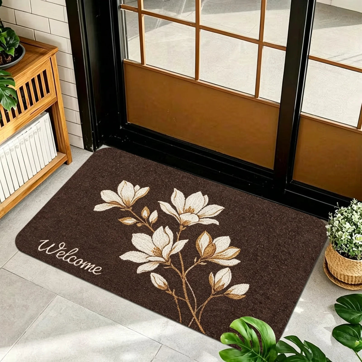 1 Piece, Dark Brown Base Flannel Floor Mat with Elegant Retro Style Gold, White, and Brown Ginkgo Leaf Patterns, with a Delicate and Eye-Catching White Grass Sign 'Welcome' on the Left. the Perfect Fusion of Natural Elements