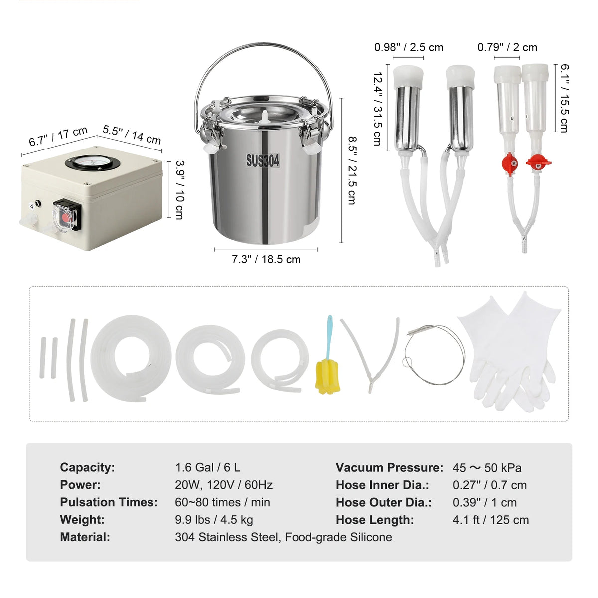 SucceBuy Goat Milking Machine 0.8/1.8/3.2 Gal Stainless Steel Bucket with 2/4 Teat Cups Electric Milking Machine for Goats Only