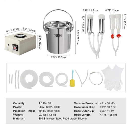 SucceBuy Goat Milking Machine 0.8/1.8/3.2 Gal Stainless Steel Bucket with 2/4 Teat Cups Electric Milking Machine for Goats Only