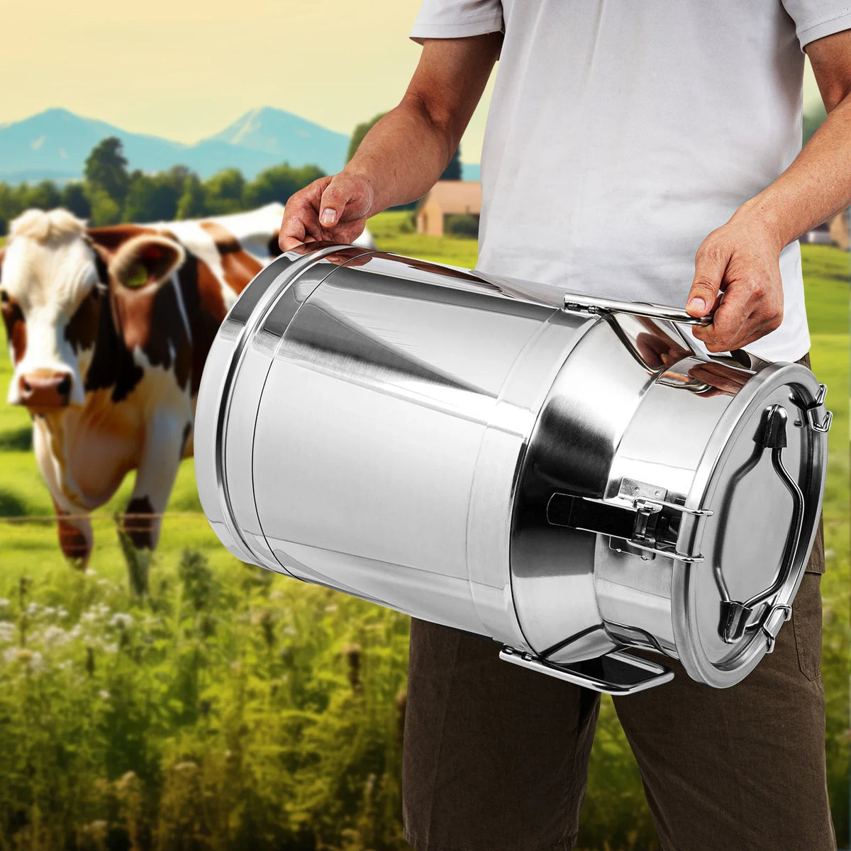 NEW 30L Silver Stainless Steel Milk Can Wine Pail Bucket Oil Milk Tote Jug with Seal Lid Practical Lid Square Loop 32*25*48cm