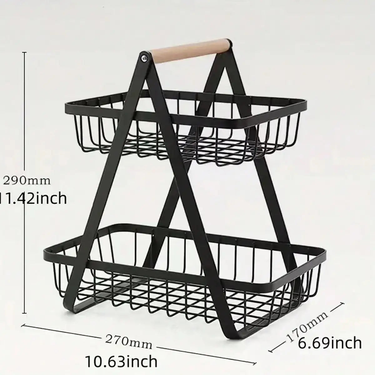 Two Tier Stainless Steel Fruit Basket With Wooden Handle Stand