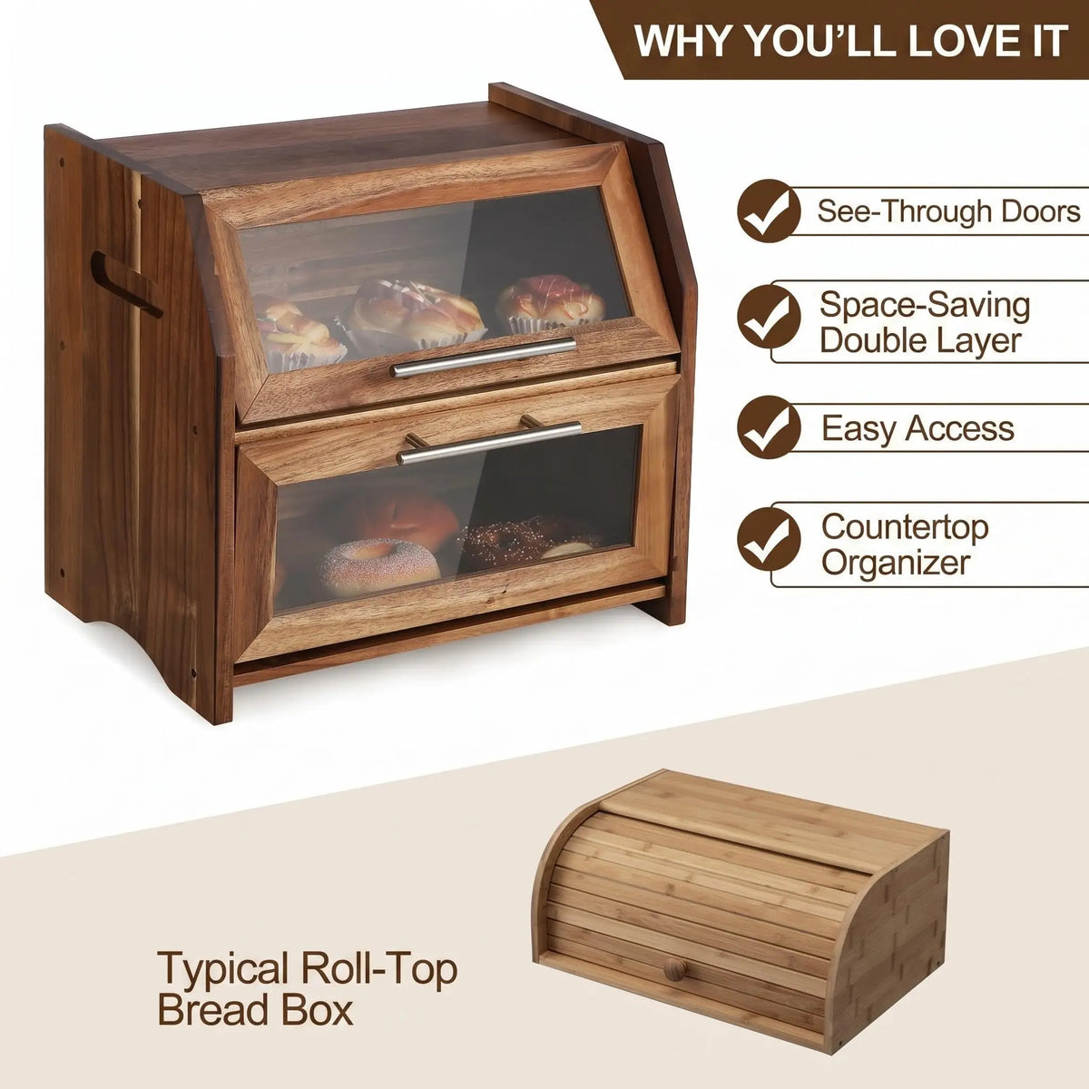 HiMISS Acacia Wood Double Layer Bread Box With Clear Doors