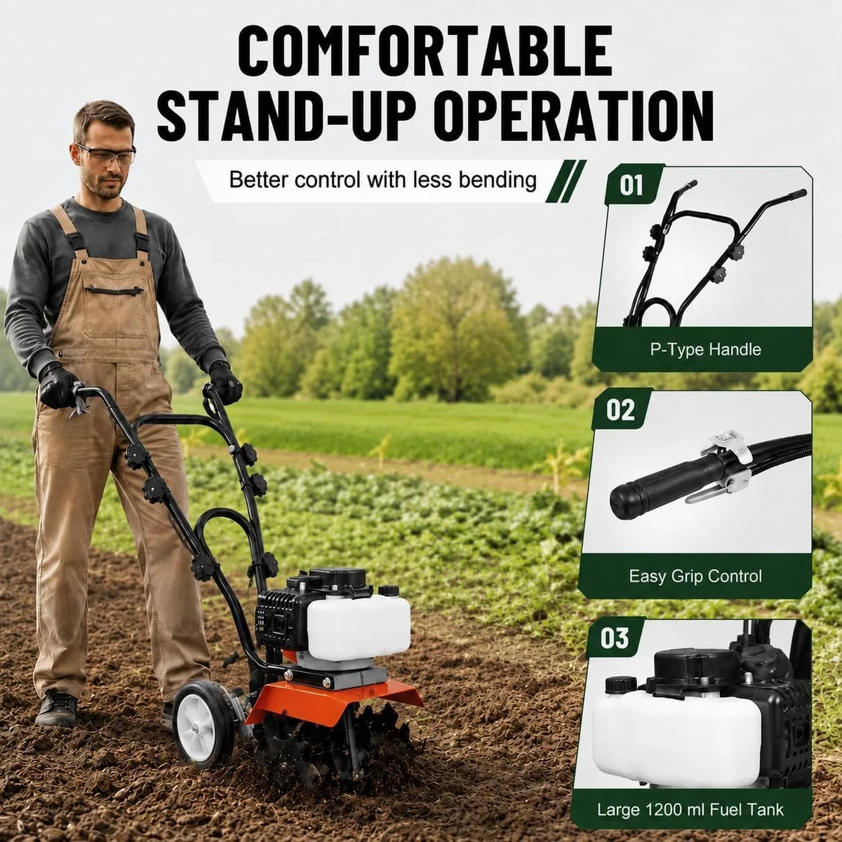 Professional Grade Gas Powered Tiller Cultivator With Adjustable Steel Tines