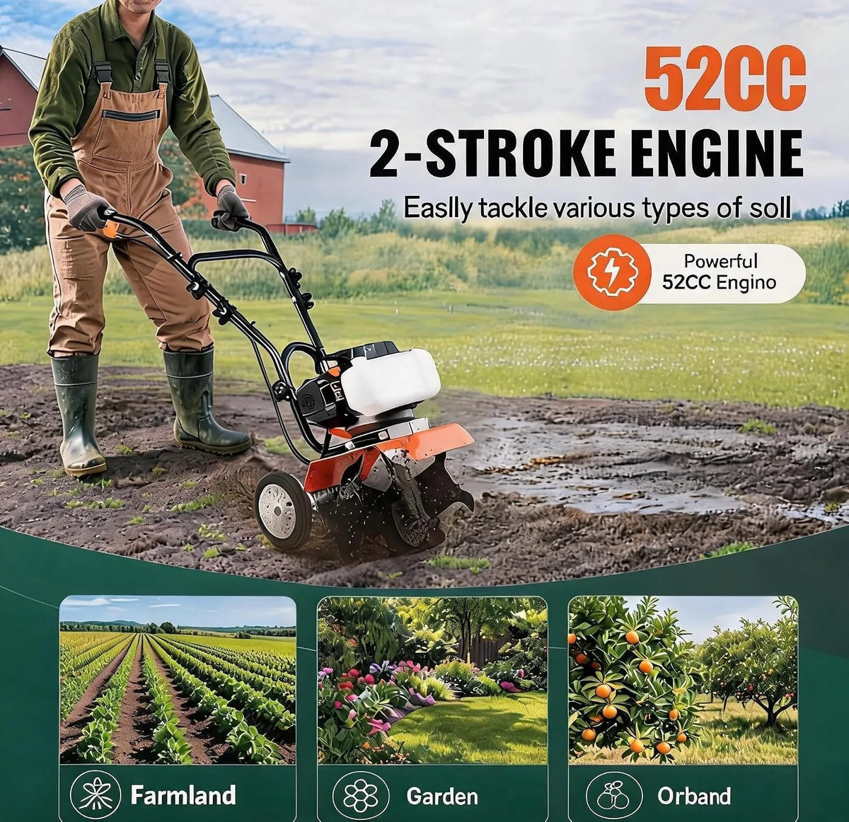 Professional Grade Gas Powered Tiller Cultivator With Adjustable Steel Tines