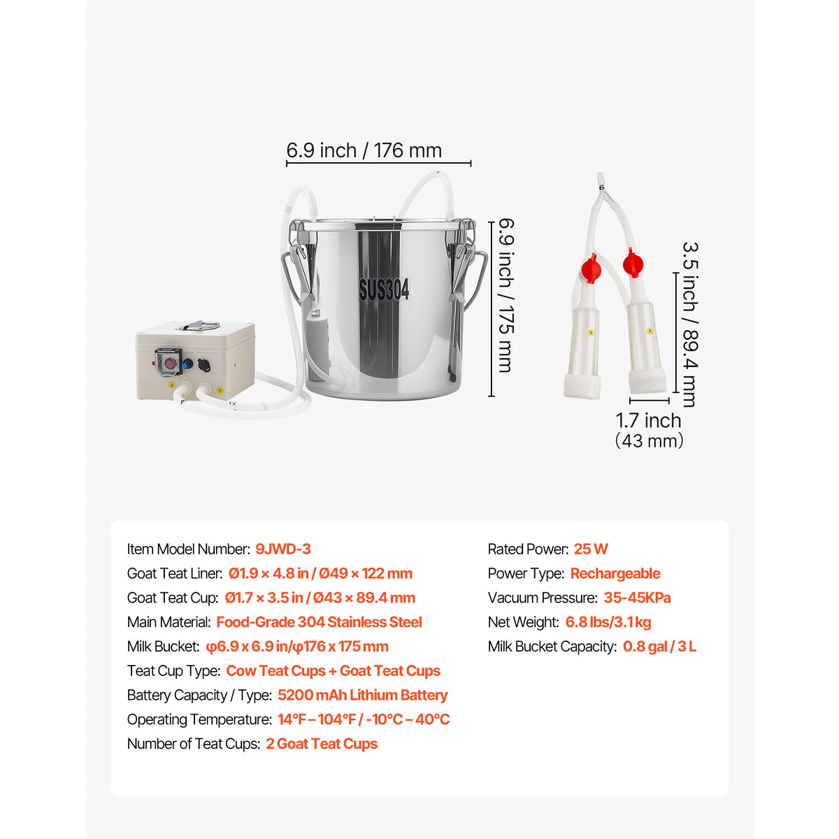 SucceBuy Goat Milking Machine 0.8/1.8/3.2 Gal Stainless Steel Bucket with 2/4 Teat Cups Electric Milking Machine for Goats Only