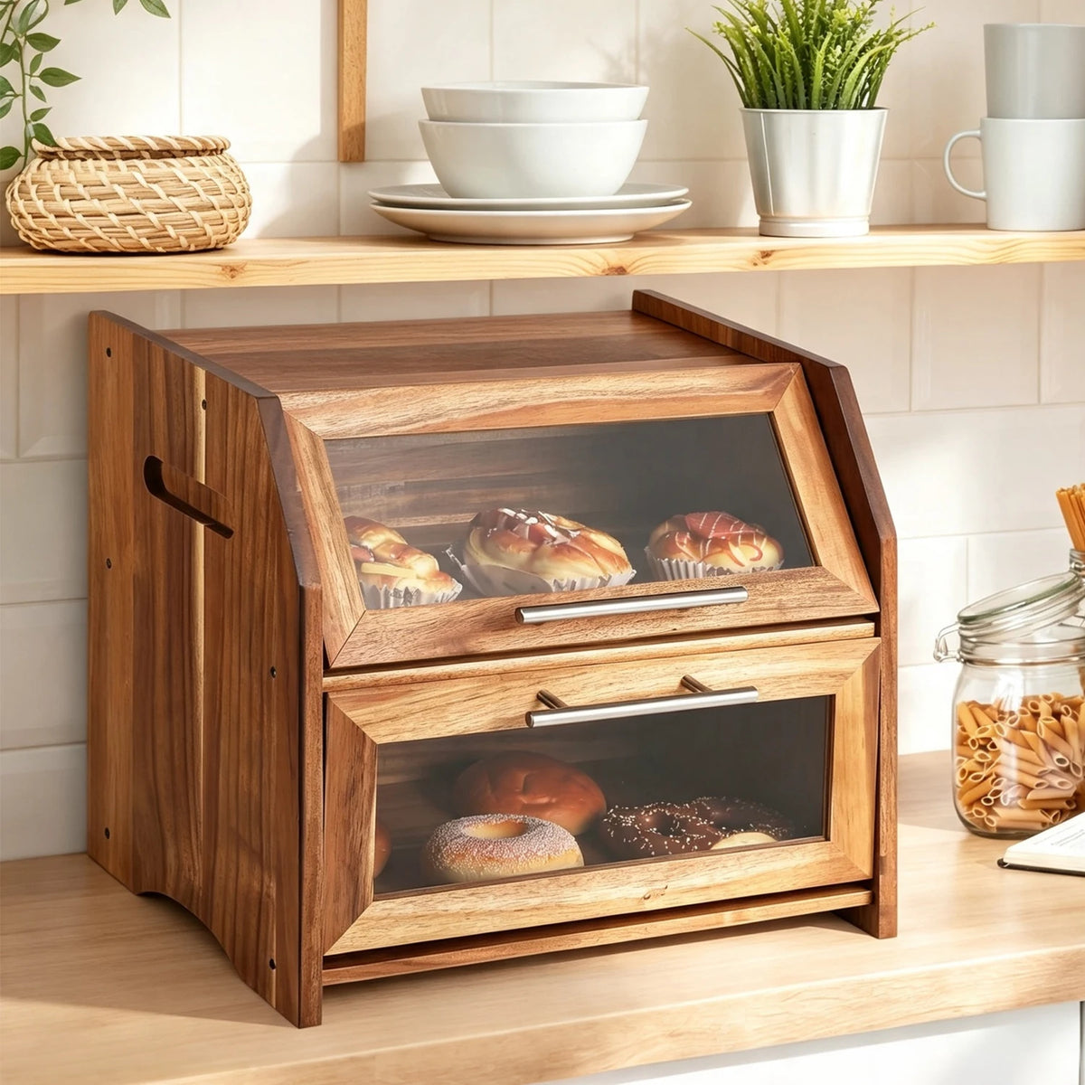 HiMISS Acacia Wood Double Layer Bread Box With Clear Doors