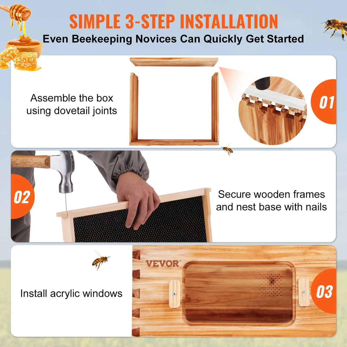 SucceBuy Bee Hive Deep Box Starter Kit 100% Beeswax Coated Natural Cedar Wood Langstroth Beehive Kit Transparent Acrylic