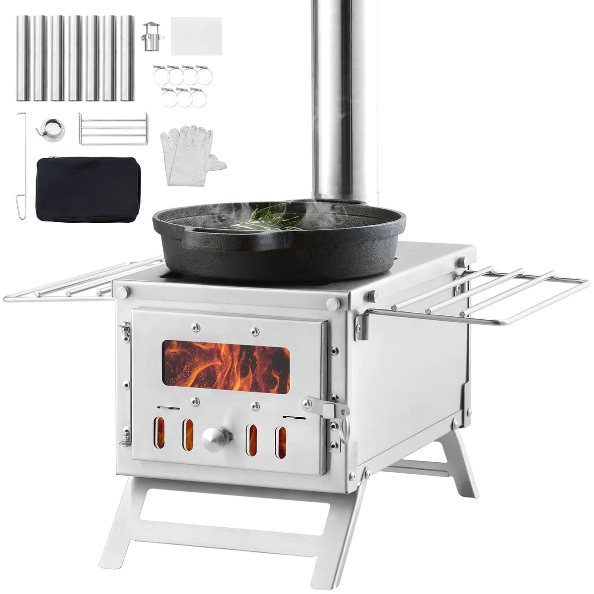 Portable Stainless Steel Camping Wood Stove With Chimney Pipes